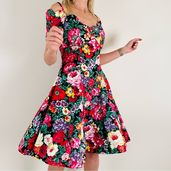 Vintage Dresses & Skirts - Vintage 80's Karen Lucas for Niki Dress Floral Off Shoulder Swing Midi